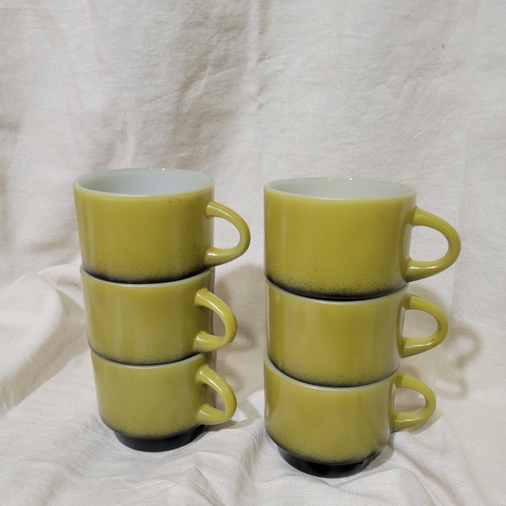 Anchor Hocking Fire-king Avocado Gree/black Stacking Cup set of 6